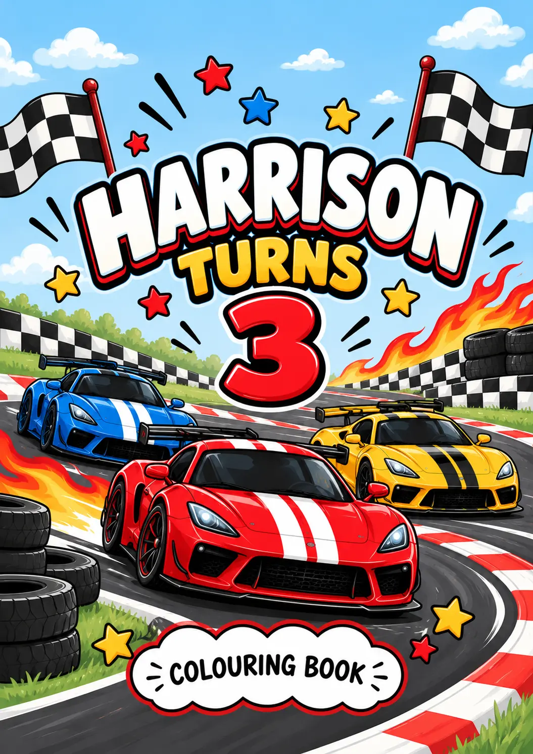Harrison turns 3 racing car colouring book cover