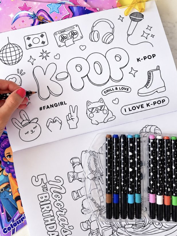 K-pop colouring page with pens