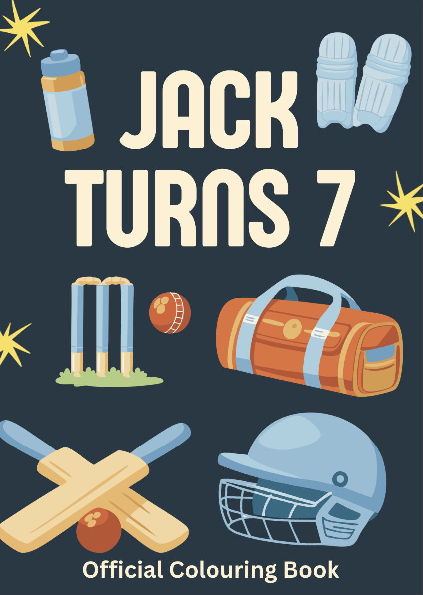 Jack turns 7 cricket colouring book cover