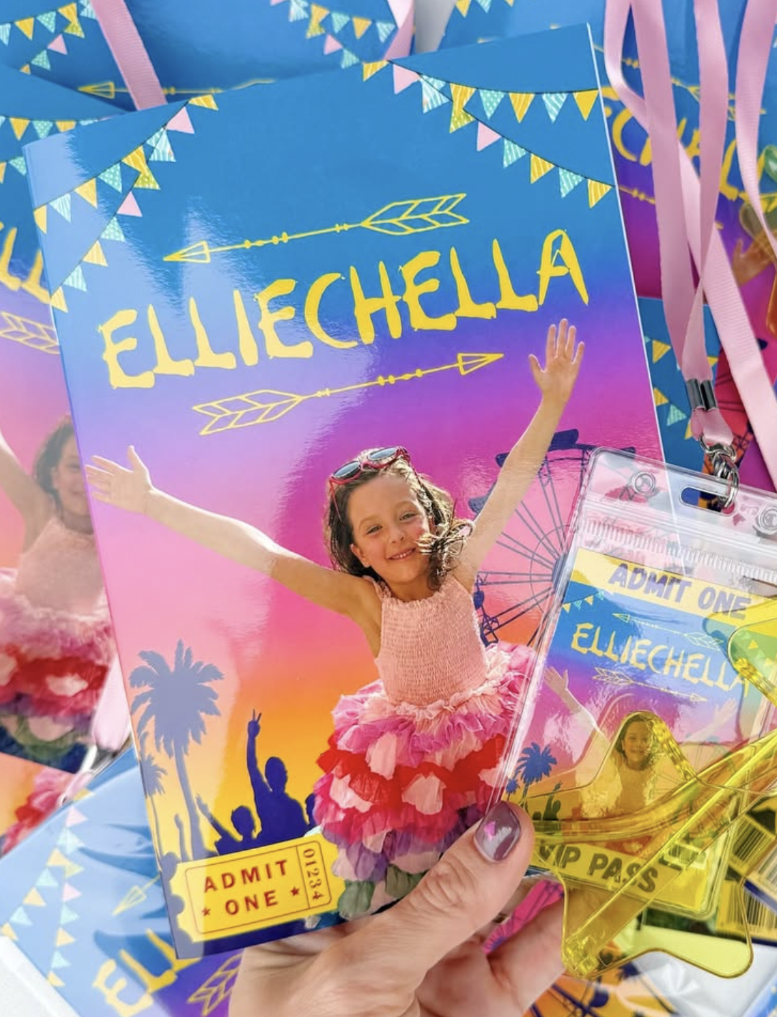 Elliechella festival colouring book cover with photo and VIP pass
