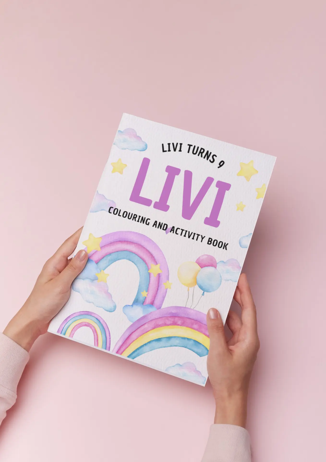Livy turns 9 colouring and activity book cover with watercolour rainbows