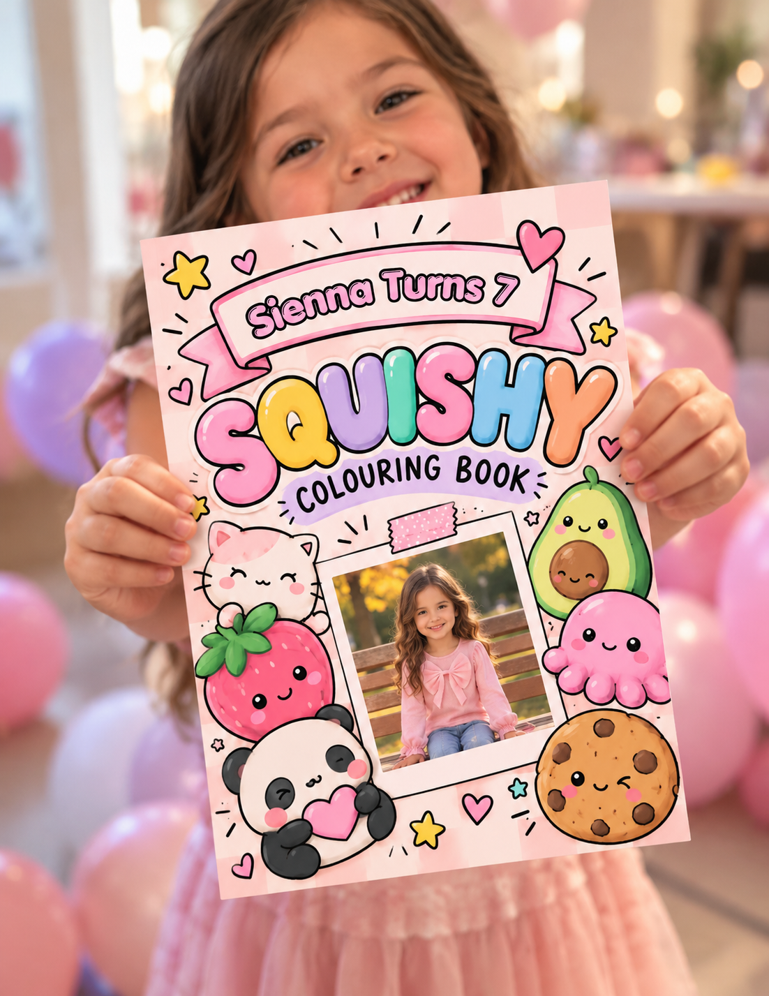 Sienna's Squishy birthday colouring book with her photo held up