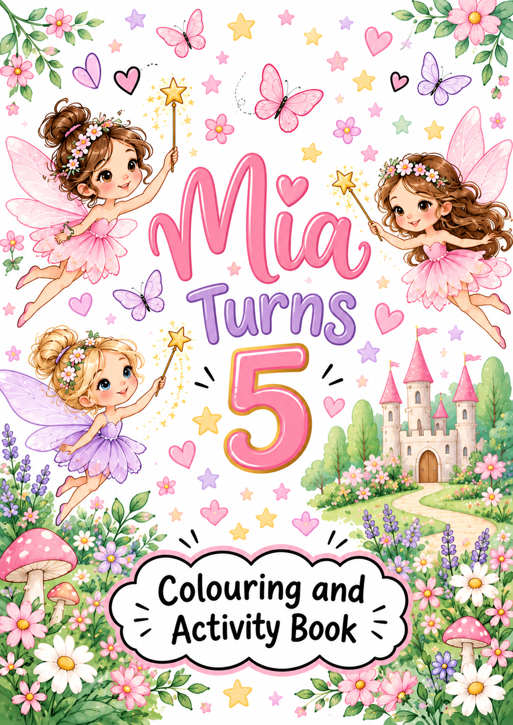 Mia turns 5 fairy garden colouring book cover