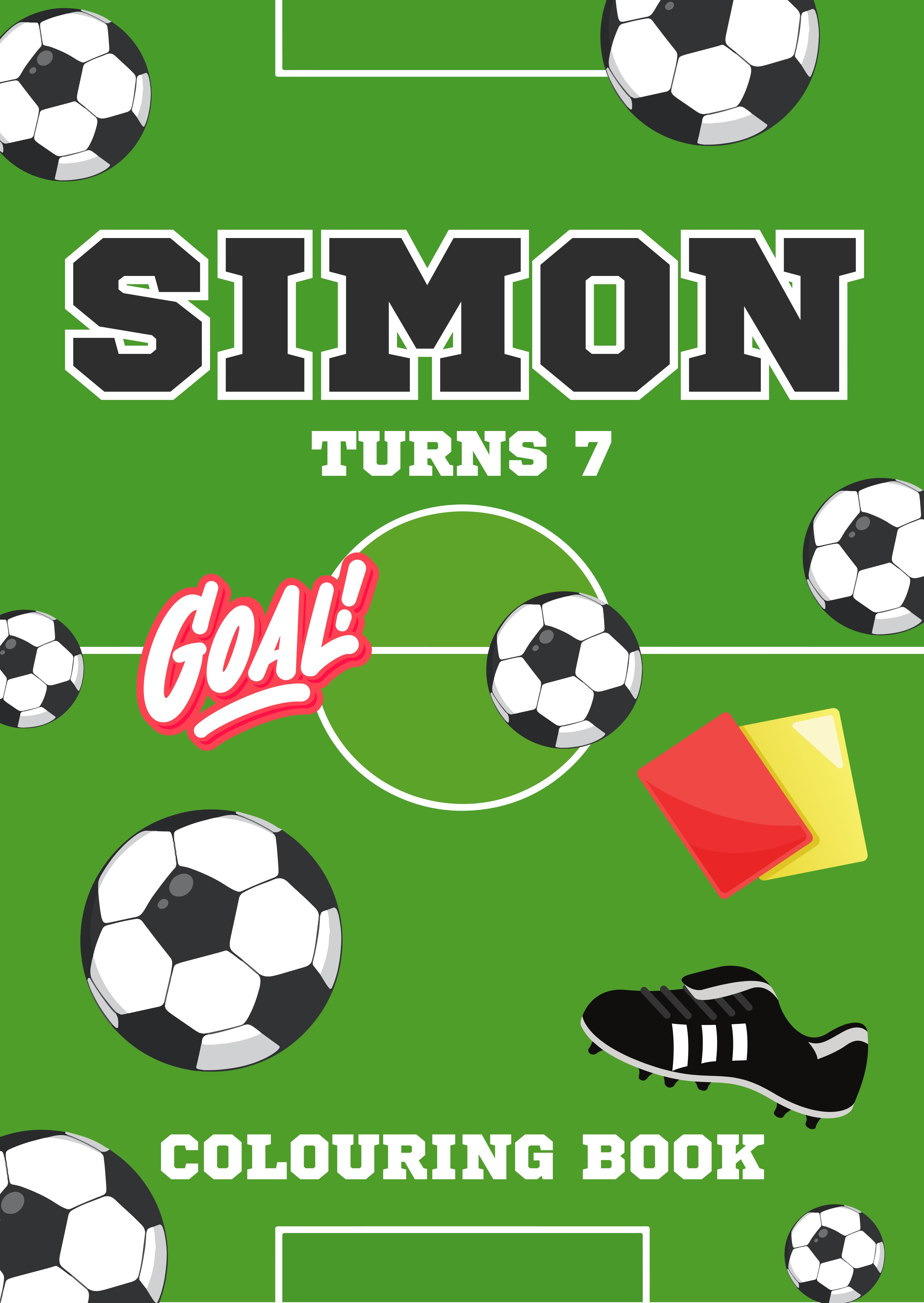 Simon turns 7 football colouring book cover