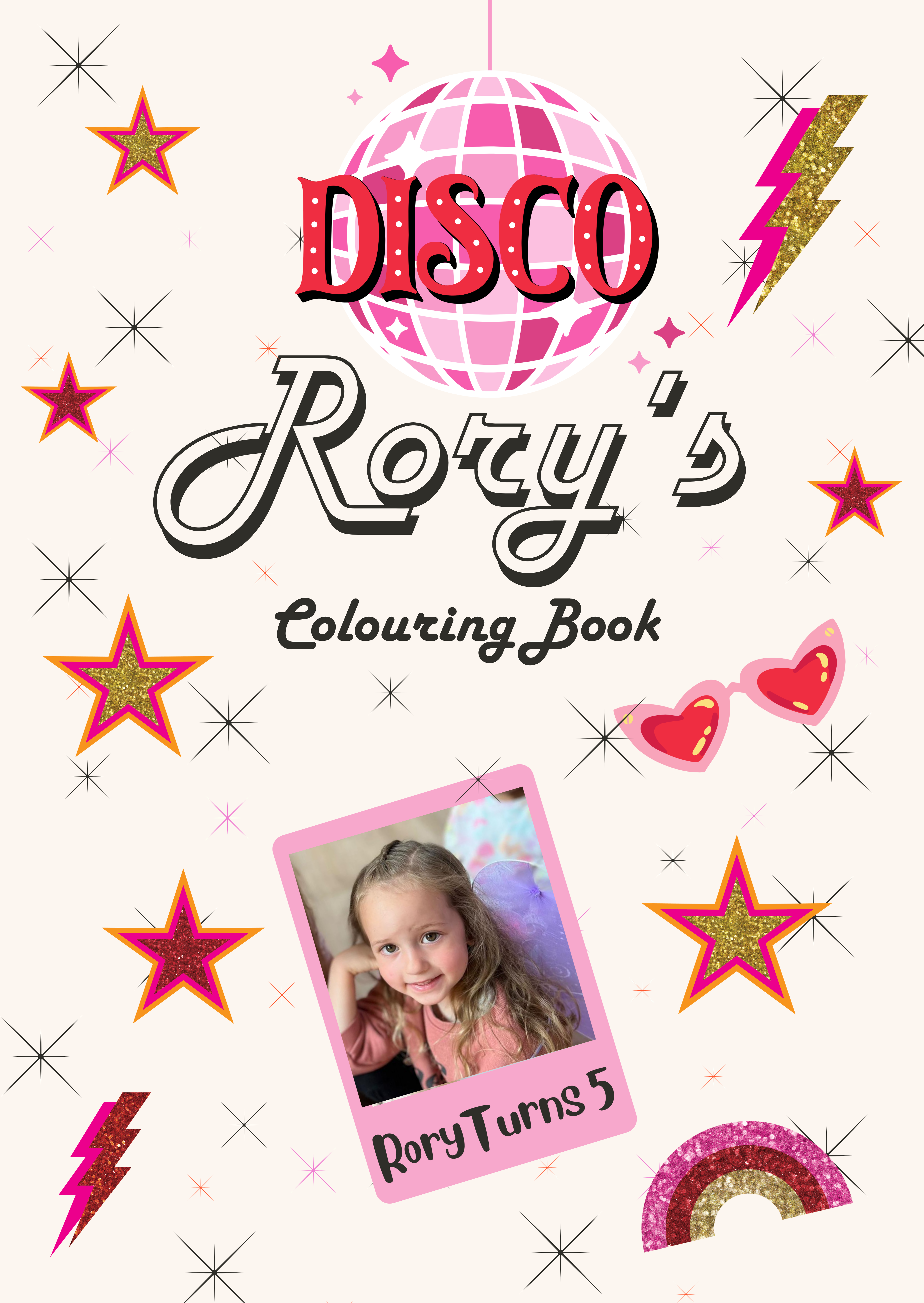 Rory turns 5 disco colouring book cover with photo