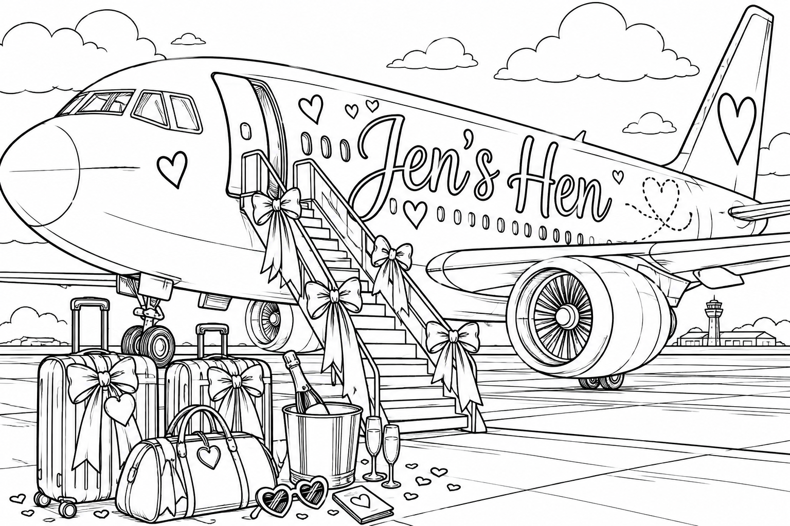 Hen-party colouring page with an aeroplane
