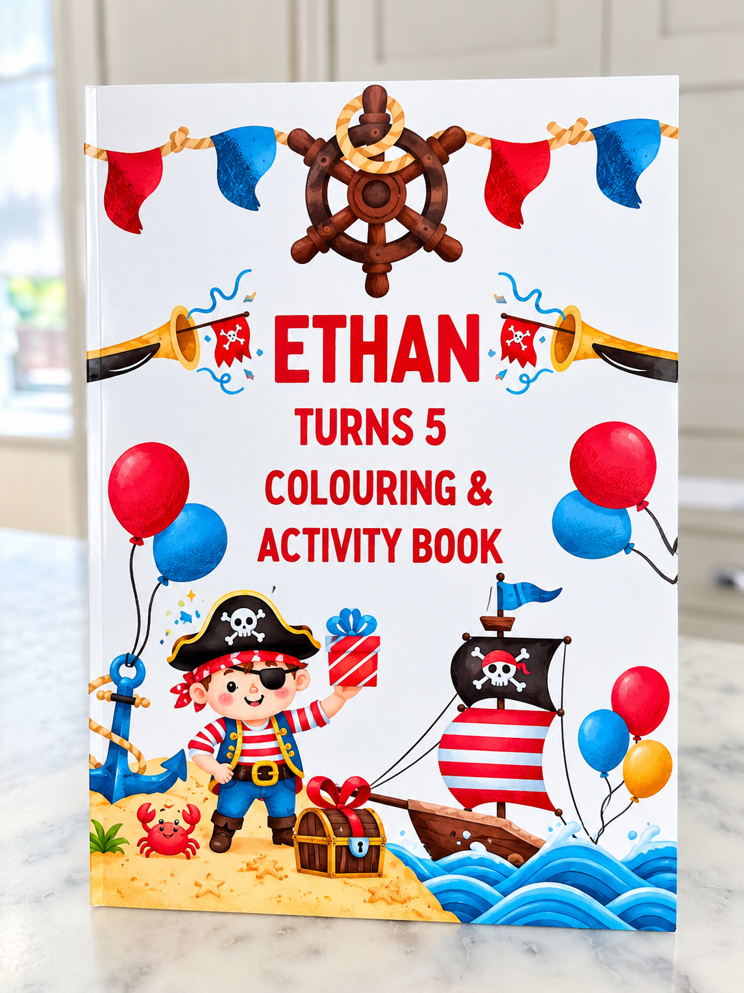 Ethan turns 5 colouring and activity book cover with an illustrated pirate