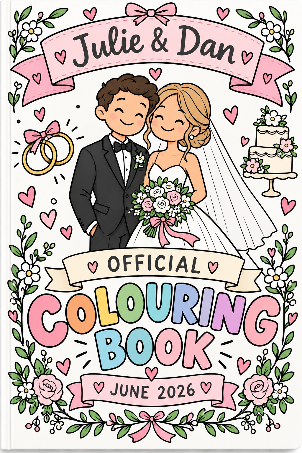 Julie & Dan wedding colouring book front cover