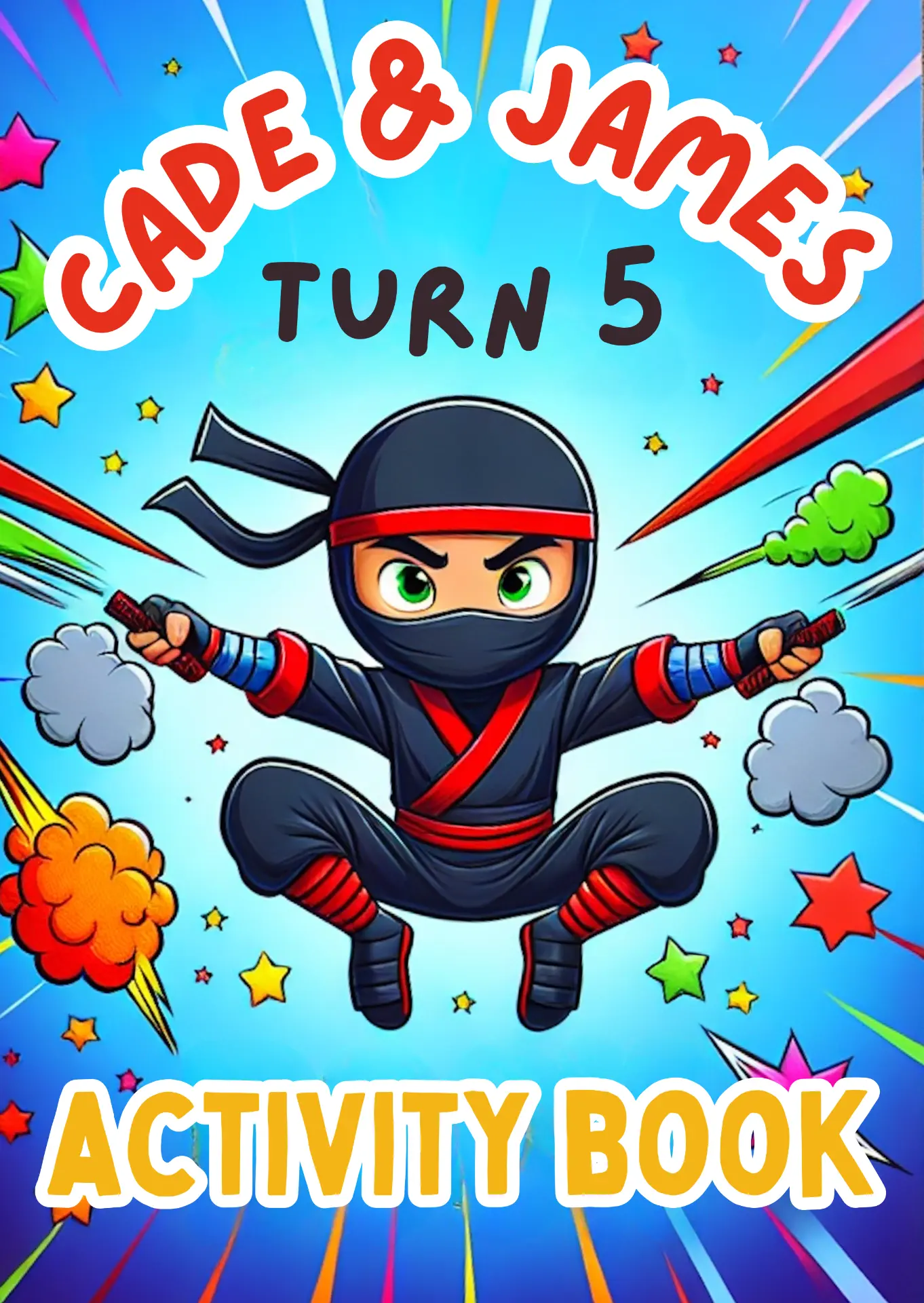 Cade and James turn 5 activity book cover with illustrated ninjas