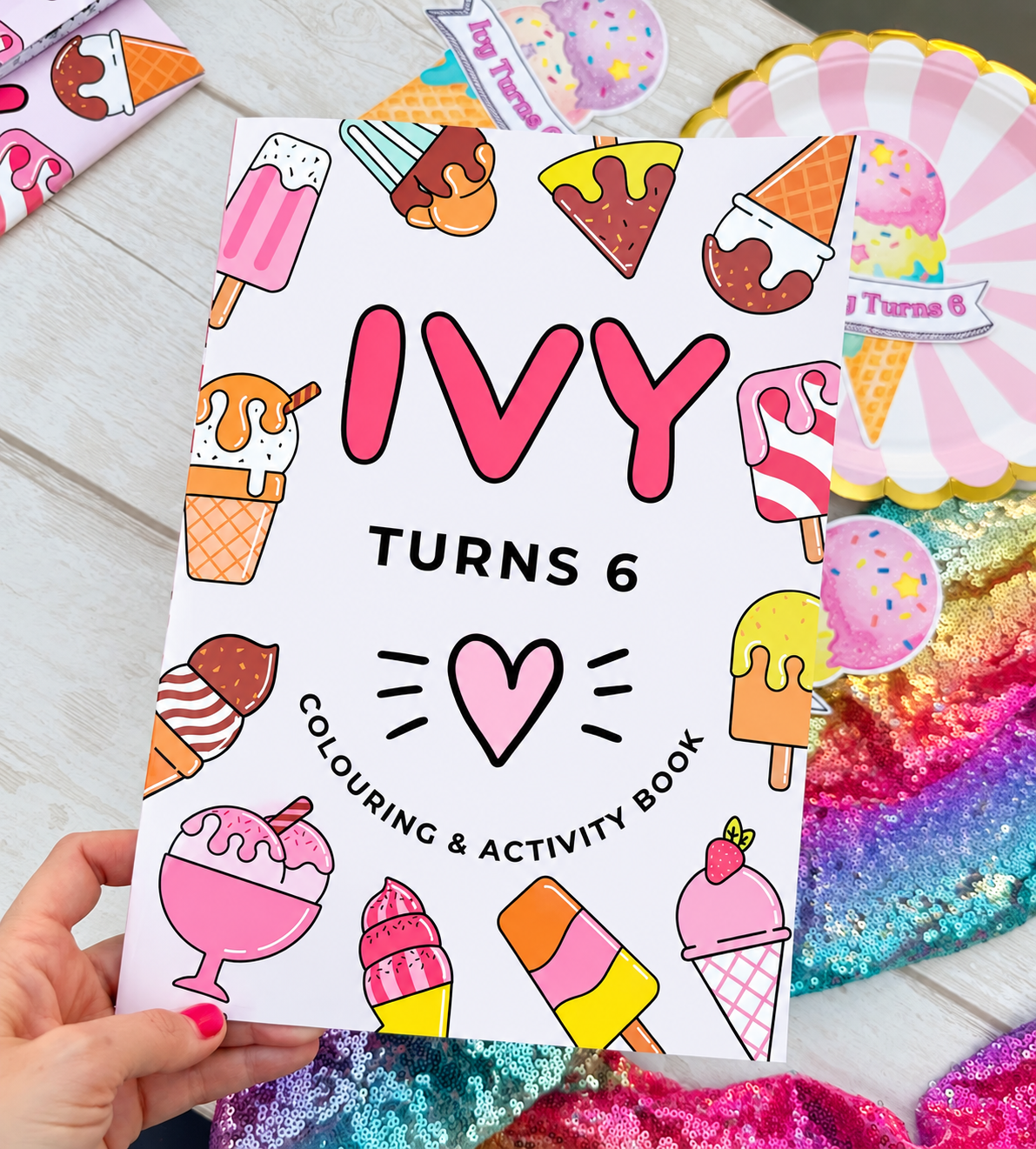 Ivy turns 6 colouring and activity book cover with ice cream