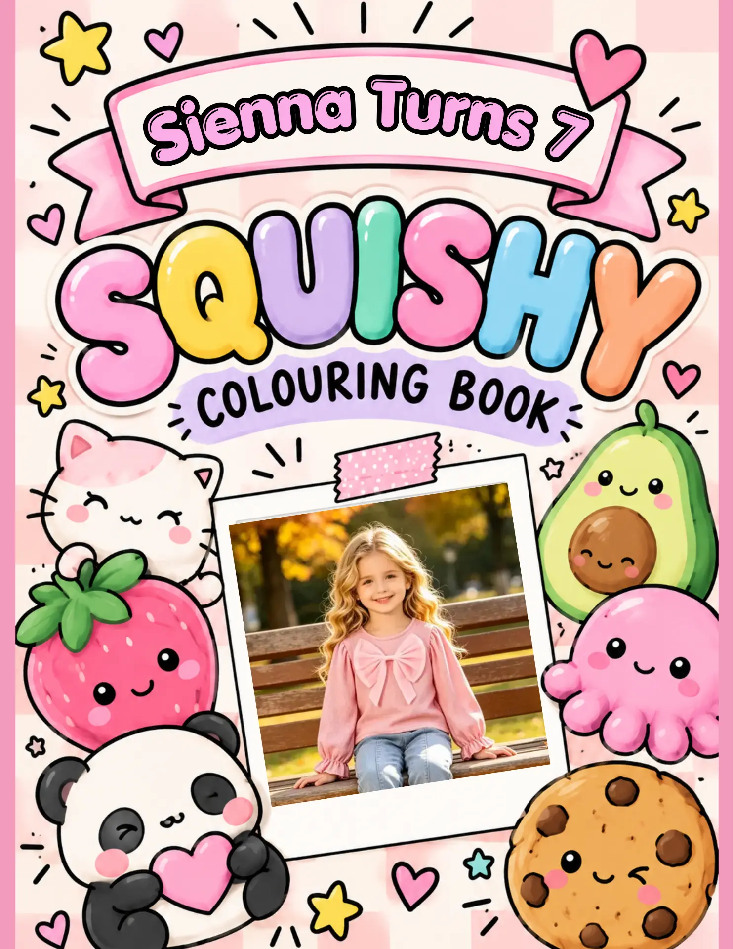 Sienna Turns 7 squishy colouring book cover design