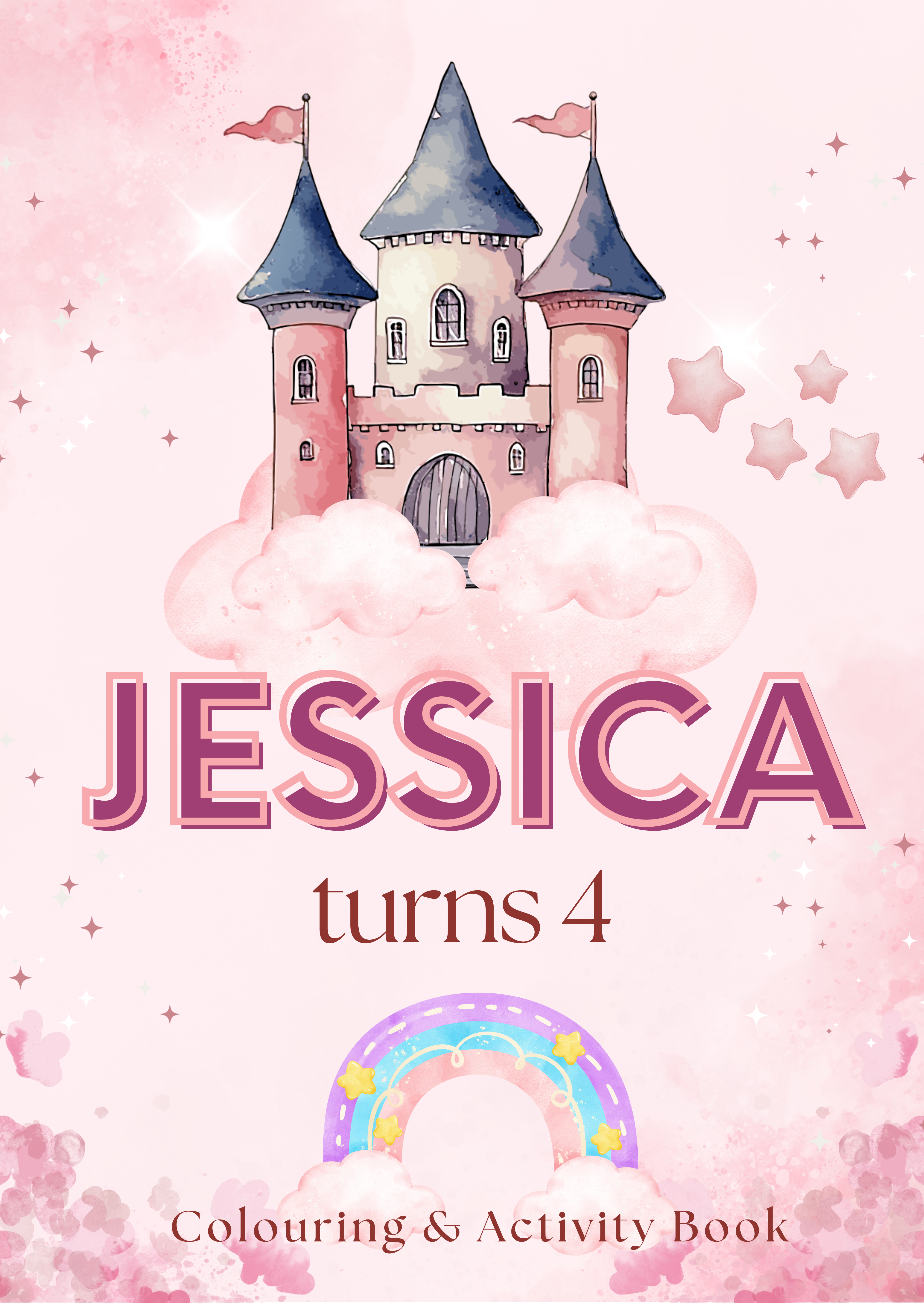 Jessica turns 4 pink castle colouring book cover