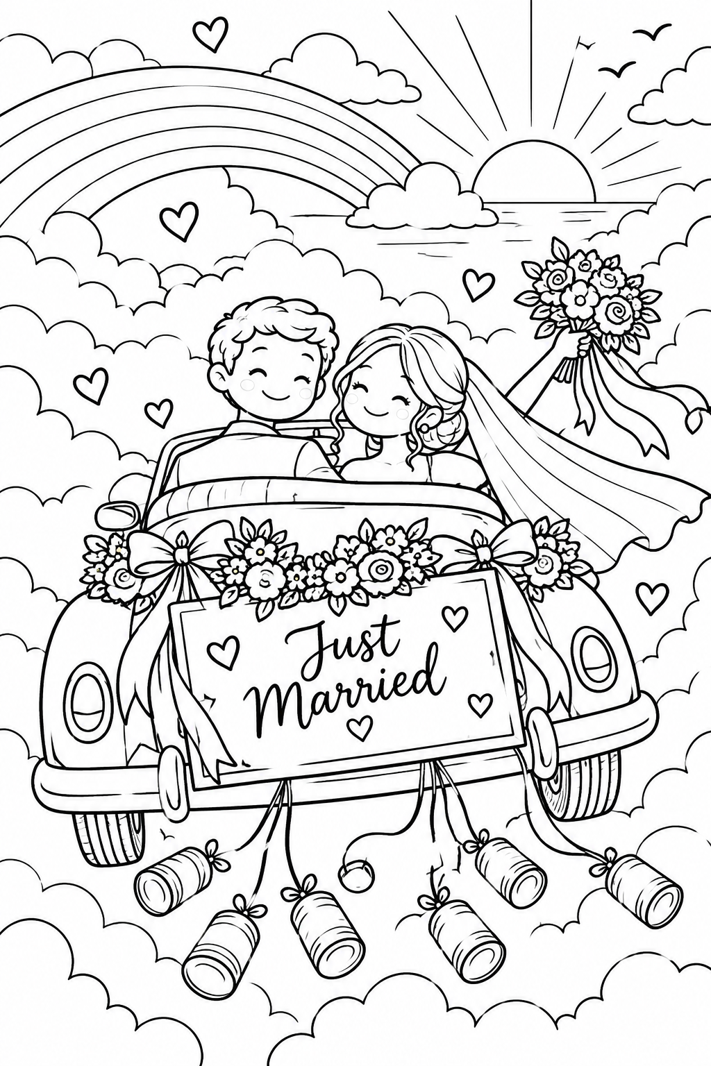 Just Married wedding car colouring page