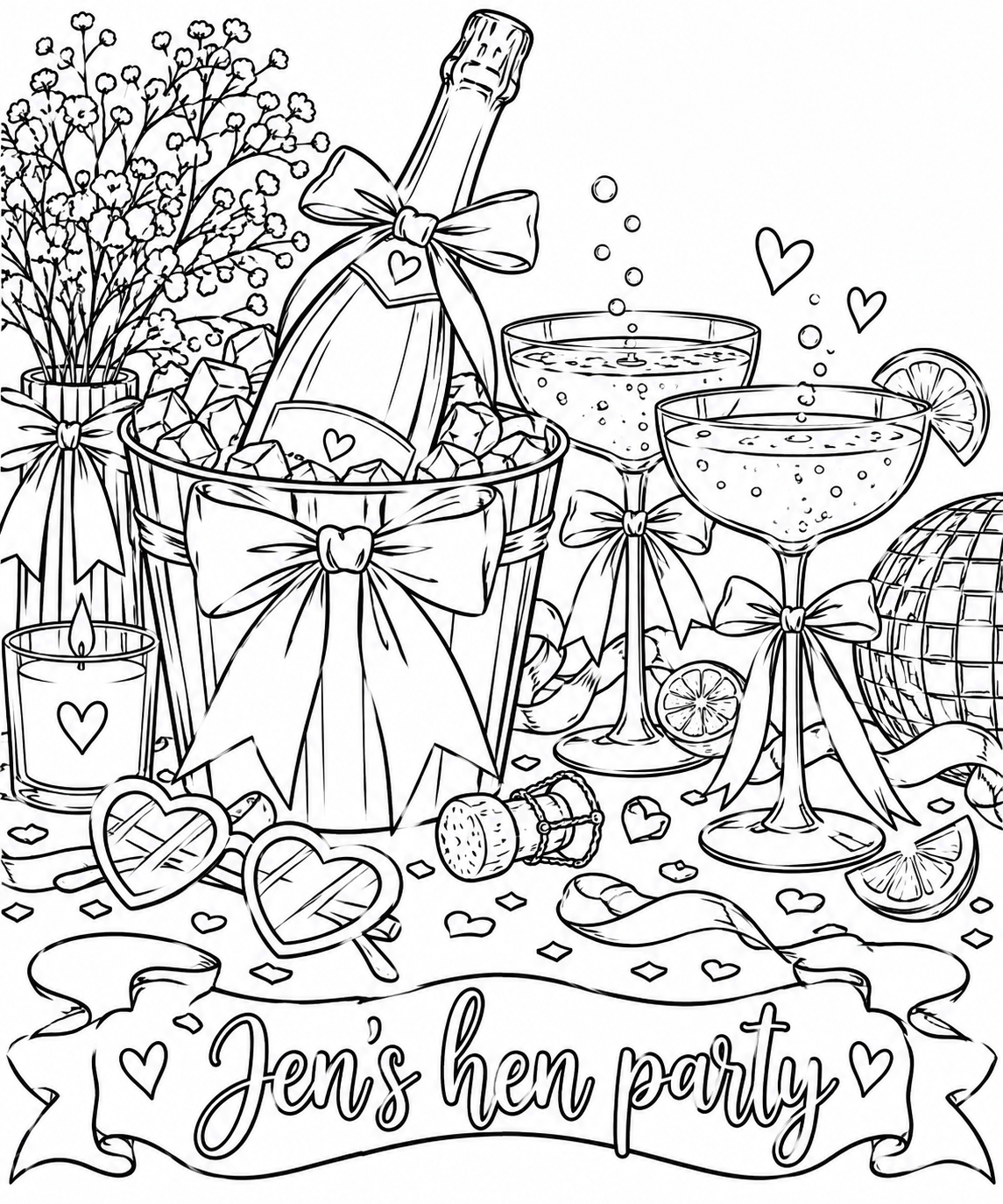 Hen-party champagne colouring page