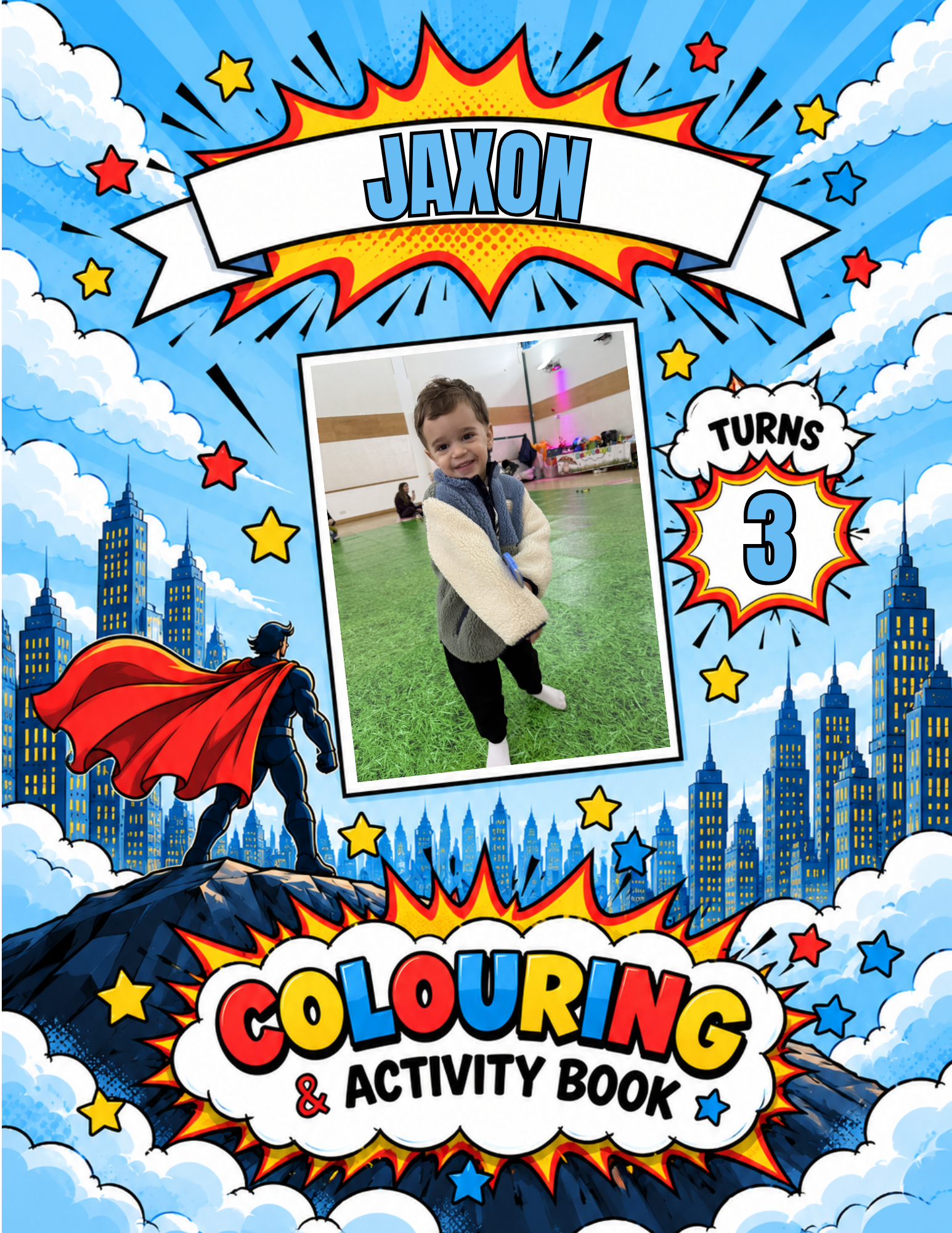 Jaxon turns 3 superhero colouring book cover with photo