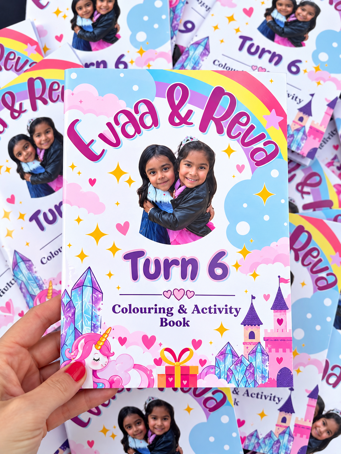 Evaa and Reva turn 6 unicorn colouring and activity book cover with two photos